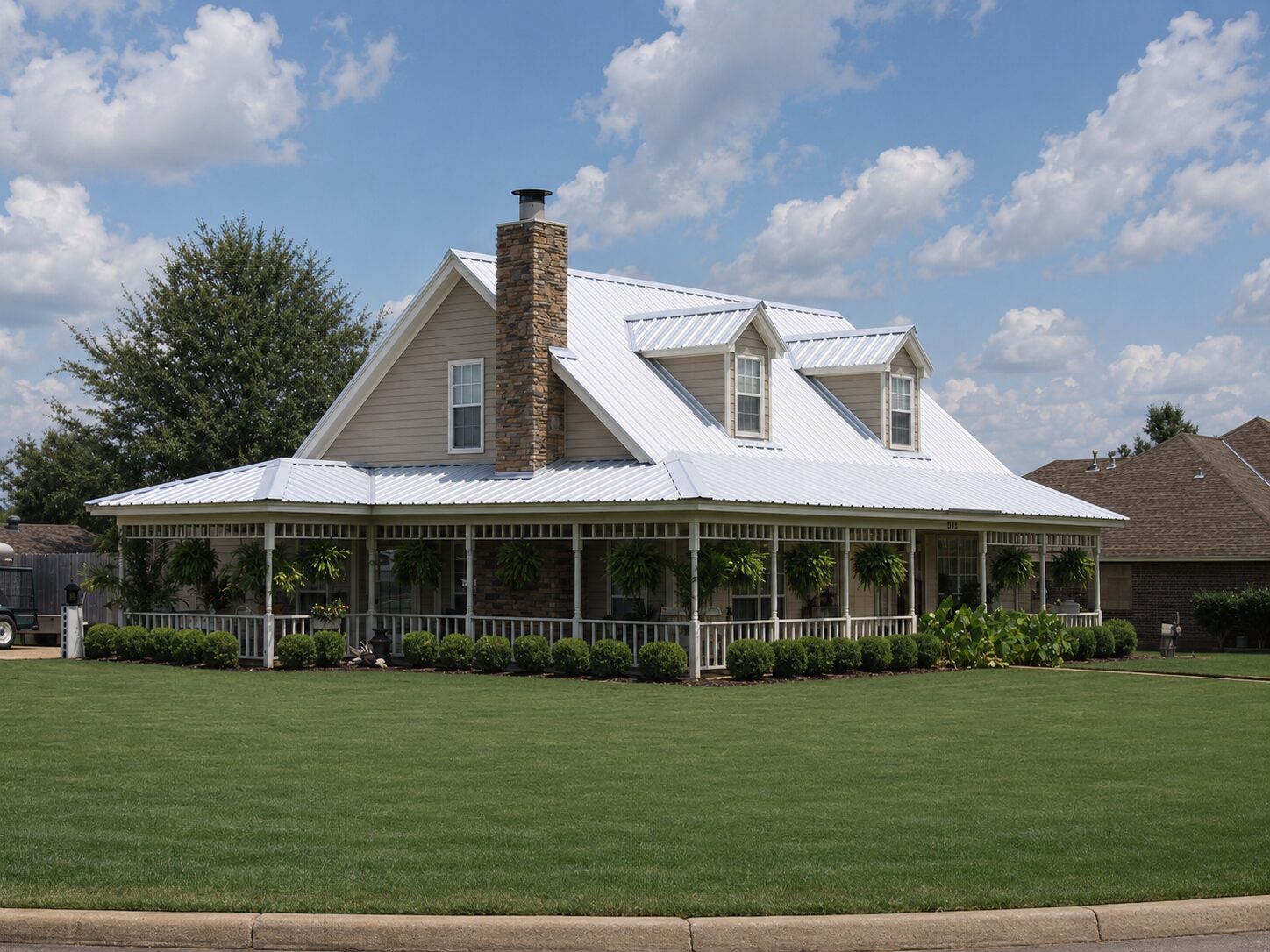 Farmhouse with wraparound porch and a white Eagle Rib metal roof