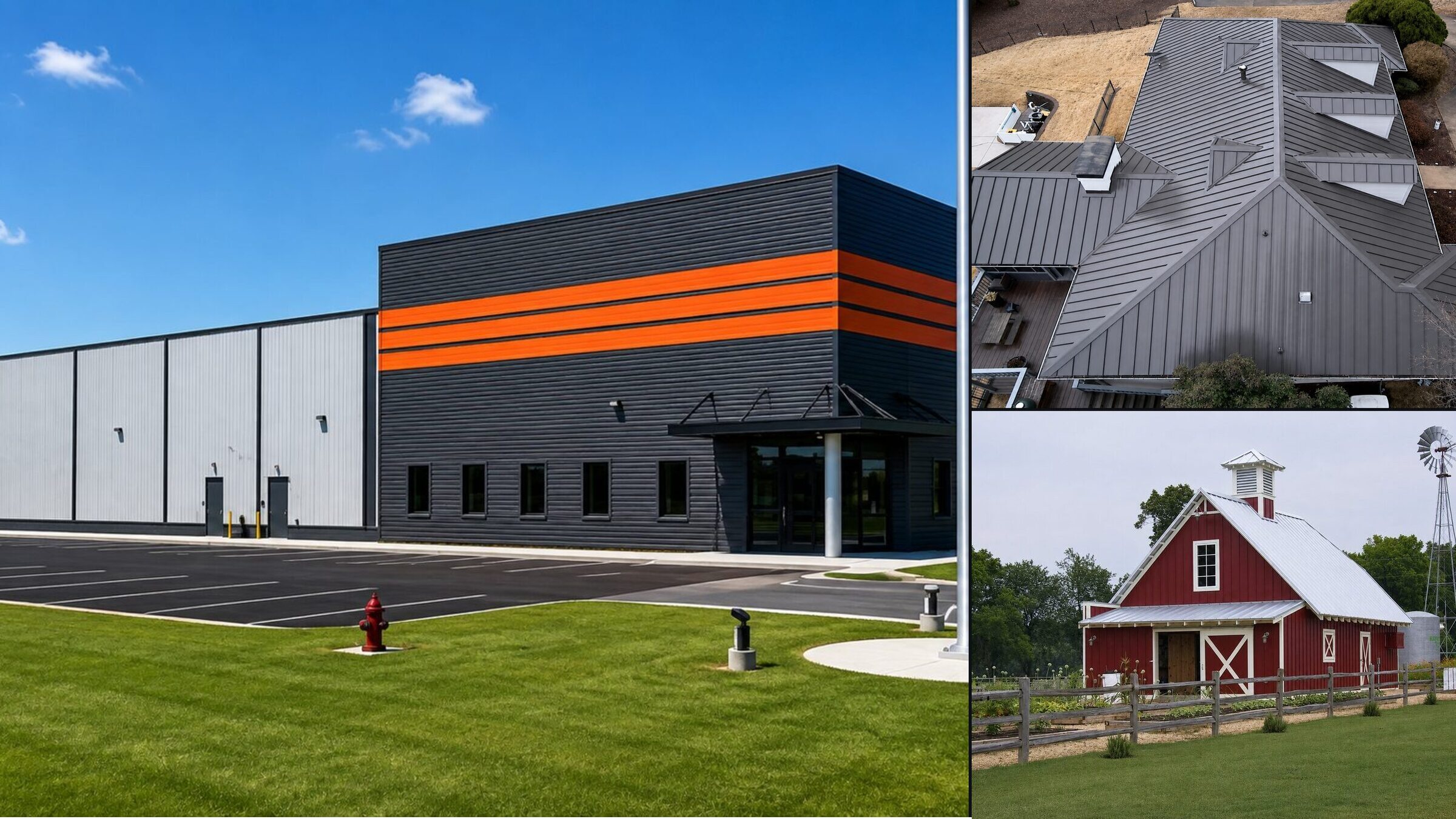 Collage of Alabama Steel Supply work: a pre-engineered commercial steel building, a standing seam metal roof and a pole barn