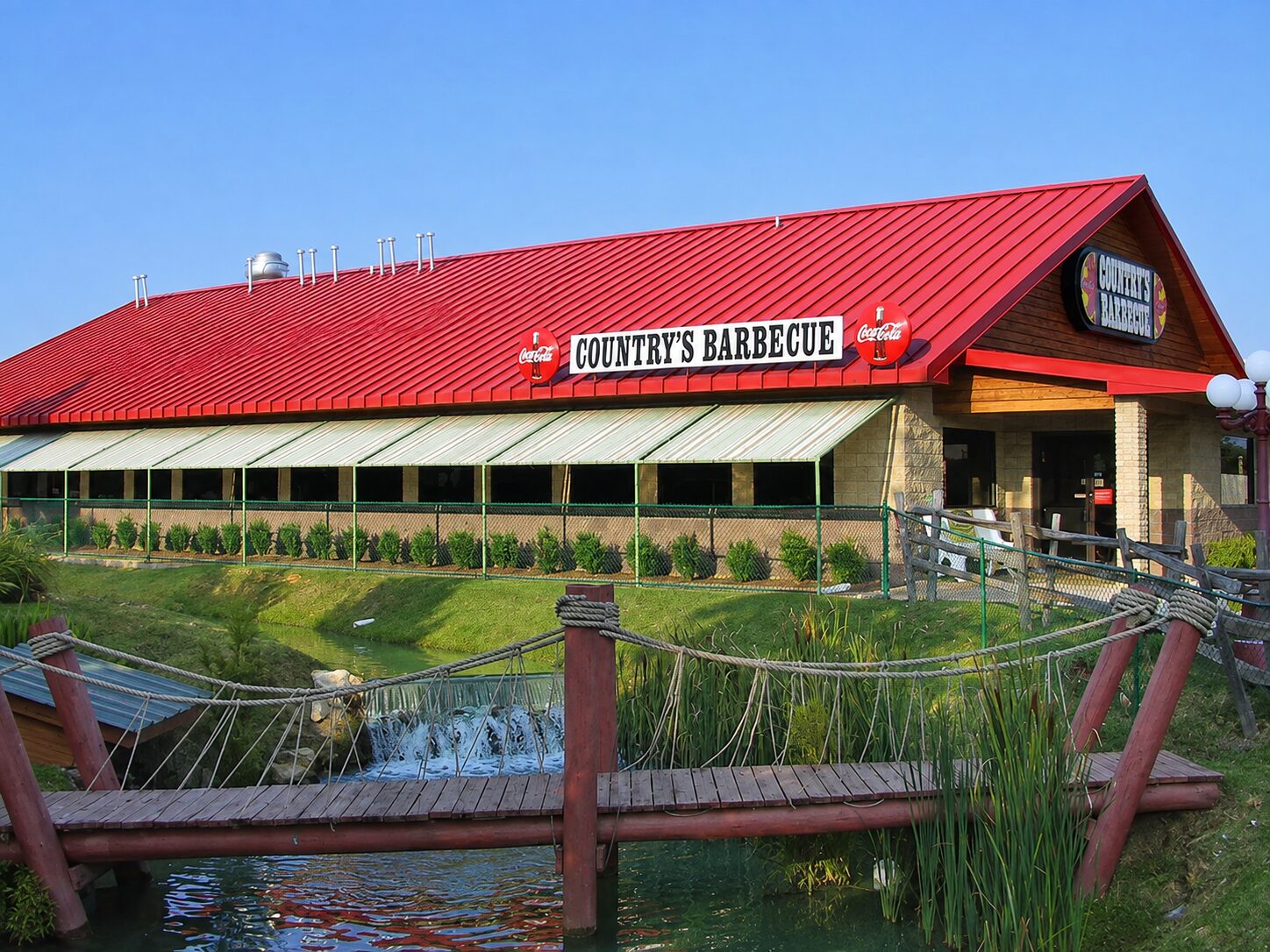Restaurant with a bright red metal roof