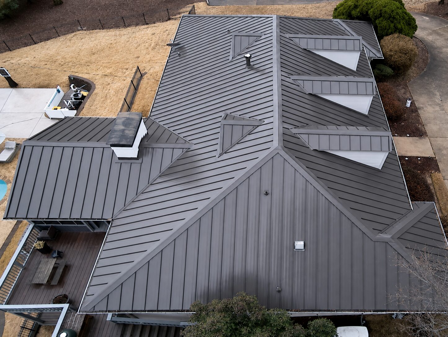 Burnished Slate metal roof with multiple hips and valleys